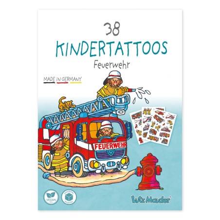 Tattoo-Set für Kinder mit Feuerwehrauto-Motiv, Feuerwehrleuten, Hydrant und Muster-Tattoo-Bögen.