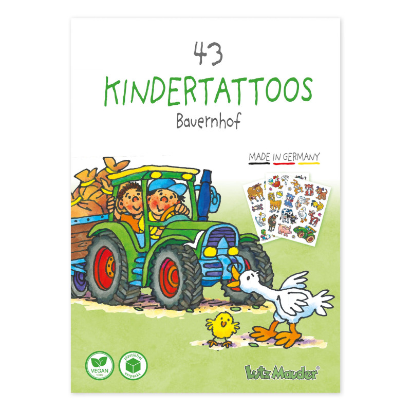 Bunte Verpackung des Kindertattoos Bauernhof mit Cartoon-Traktor, Kindern, Gans und Küken.