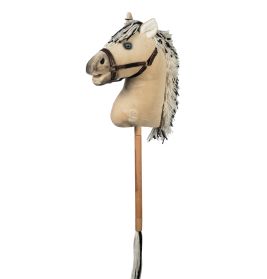 Steckenpferd mit einem beigen Plüschkopf und einem Holzstab als Griff.