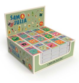 Bunte Sam & Julia Mini-Buchbox mit illustrierten Covern und verspielten Miniaturen am Karton.
