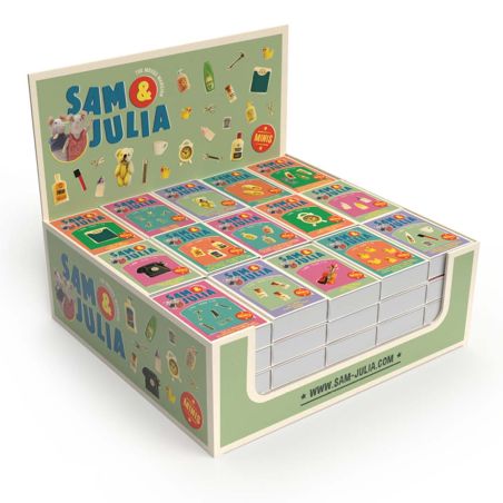 Bunte Sam & Julia Mini-Buchbox mit illustrierten Covern und verspielten Miniaturen am Karton.