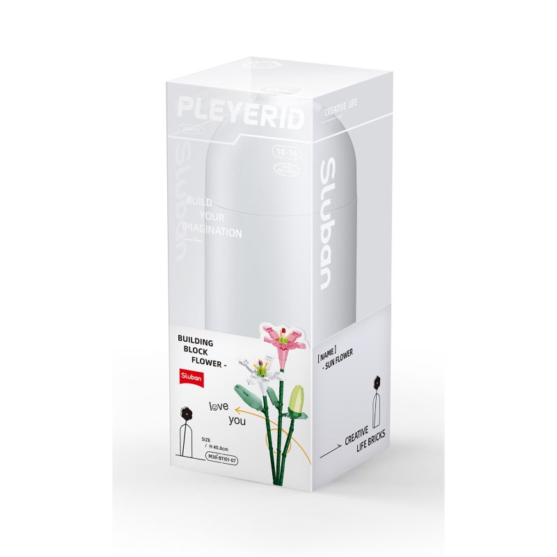 Verpackung eines Sluban-Baustein-Sets mit Blumenmotiv, zeigt eine Illustration der zusammengesetzten Blumen.