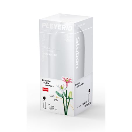 Verpackung eines Sluban-Baustein-Sets mit Blumenmotiv, zeigt eine Illustration der zusammengesetzten Blumen.