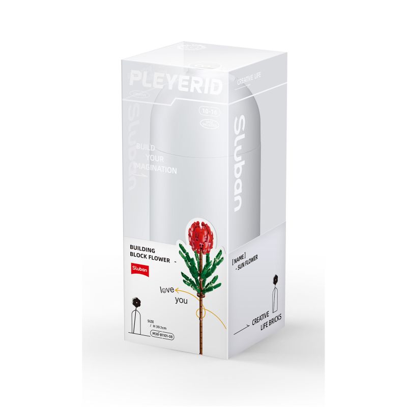 Sluban Baustein-Blumenset in weißer Verpackung mit roter Blume und Love you-Text auf der Vorderseite. Sluban Baustein-Blumenset in weißer Verpackung mit roter Blume und Love you-Text auf der Vorderseite.