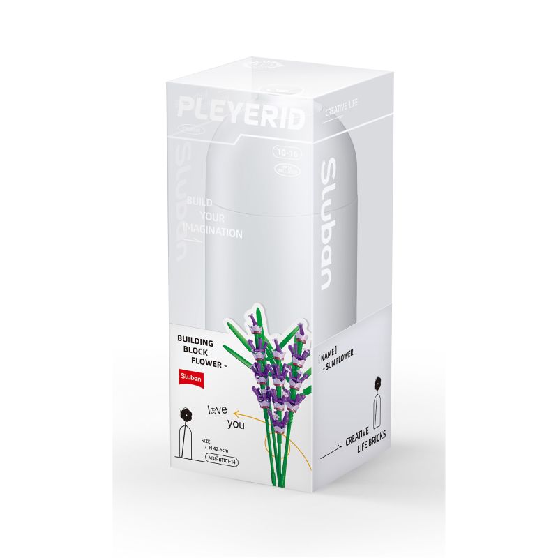 Klare Kunststoffbox mit Sluban-Baustein-Set, auf deren Vorderseite ein Lavendelblumenmotiv abgebildet ist. Klare Kunststoffbox mit Sluban-Baustein-Set, auf deren Vorderseite ein Lavendelblumenmotiv abgebildet ist.