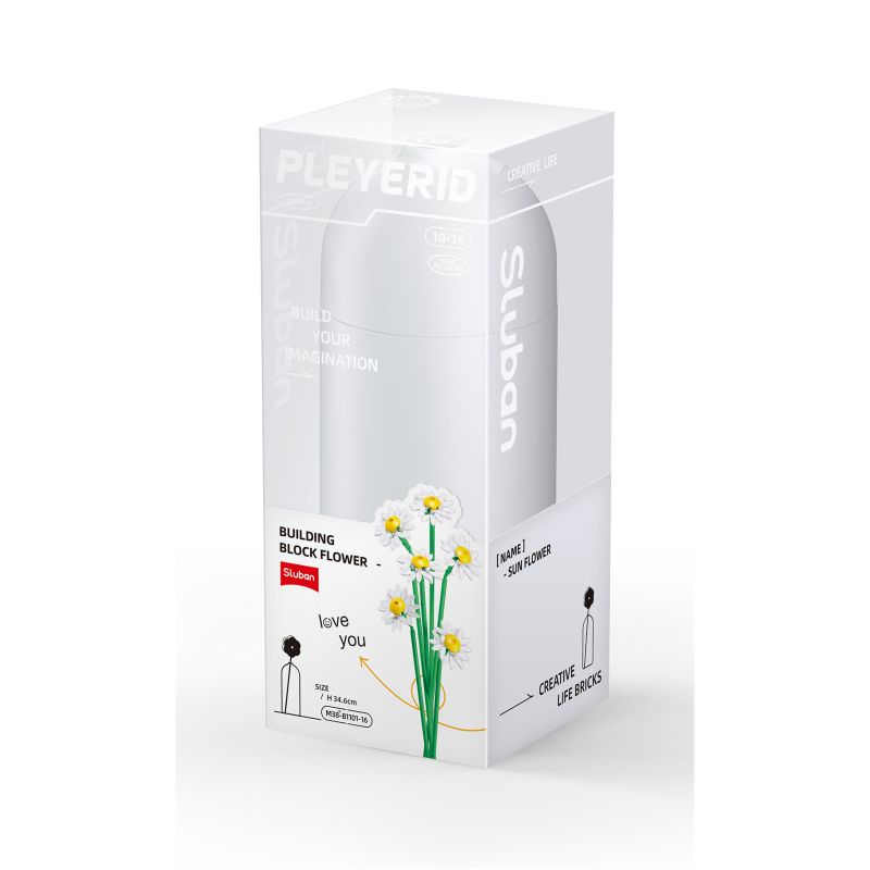 Weiße Sluban-Box mit Blumen aus Bausteinen, beschriftet mit Building Block Flower und Love You. Weiße Sluban-Box mit Blumen aus Bausteinen, beschriftet mit Building Block Flower und Love You.