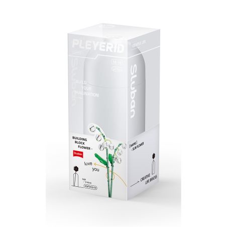 Weiße Sluban-Verpackung für Blumen-Bausteinset mit Sichtfenster, das die Bausteine im Inneren zeigt.