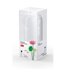 Baustein-Set Blume in transparenter Box mit rosa Lotus-Motiv und Sluban-Logo auf der Verpackung.