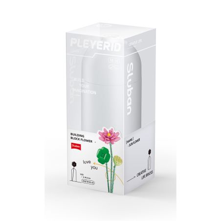 Baustein-Set Blume in transparenter Box mit rosa Lotus-Motiv und Sluban-Logo auf der Verpackung.