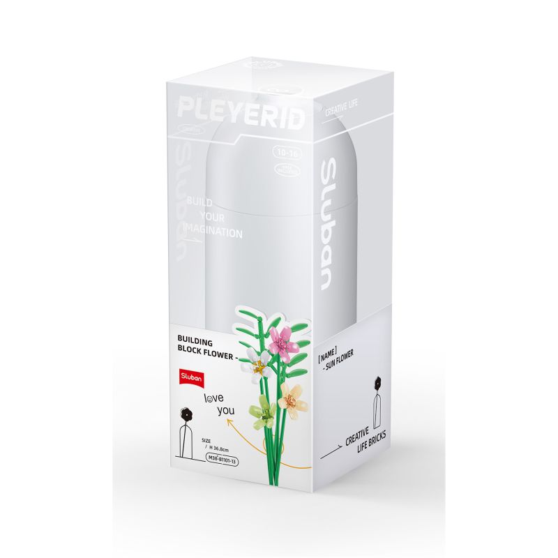 Klare Box mit Sluban Baustein-Blumenset, bunten Blumen und love you-Schriftzug auf der Vorderseite. Klare Box mit Sluban Baustein-Blumenset, bunten Blumen und love you-Schriftzug auf der Vorderseite.