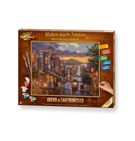 Malen-nach-Zahlen-Set mit Motiv einer regennassen San-Francisco-Straße und Cable Car bei Sonnenuntergang.