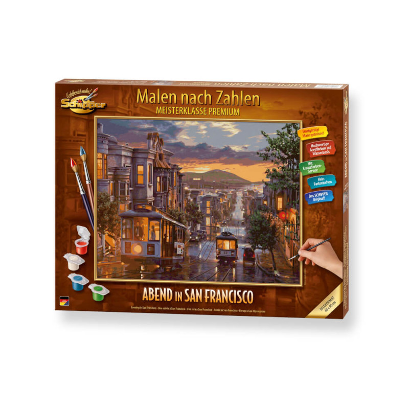 Malen-nach-Zahlen-Set mit Motiv einer regennassen San-Francisco-Straße und Cable Car bei Sonnenuntergang.
