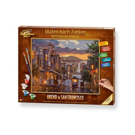Malen-nach-Zahlen-Set mit Motiv einer regennassen San-Francisco-Straße und Cable Car bei Sonnenuntergang.