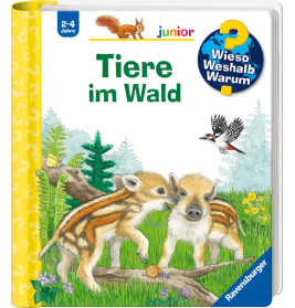 Buchcover: Zwei junge Wildschweine im Wald, fliegender Vogel, Titel Tiere im Wald.
