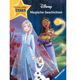 Elsa, Olaf und weitere Disney-Figuren stehen gemeinsam auf einem magischen, bunten Buchcover.