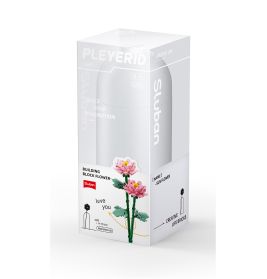 Baustein-Blumenset in transparenter Box mit rosa Blumen und Love you-Schriftzug auf der Verpackung.
