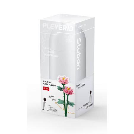 Baustein-Blumenset in transparenter Box mit rosa Blumen und Love you-Schriftzug auf der Verpackung.