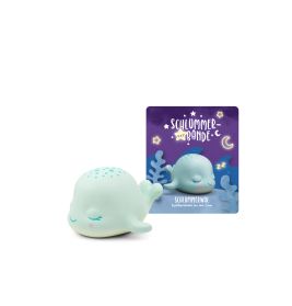 Hellblaue Wal-Nachtlampe mit geschlossenen Augen neben einer lila Schlummer-Bande-Verpackung.