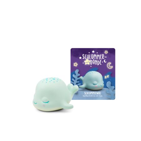 Hellblaue Wal-Nachtlampe mit geschlossenen Augen neben einer lila Schlummer-Bande-Verpackung.