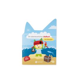 Malbuch für Kinder mit Piratenkatze, Schatztruhe und Papagei am Strand, auf Deutsch.