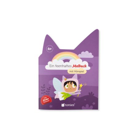 Lila Feen-Malbuch mit Regenbogen und Feen-Illustration, Titel: Ein feenhaftes Malbuch.