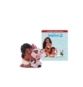 Eine Moana-Figur umarmt ein Schwein, im Hintergrund eine Vaiana 2-CD mit ähnlichen Charakteren.