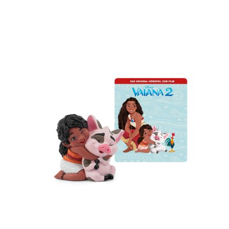 Eine Moana-Figur umarmt ein Schwein, im Hintergrund eine Vaiana 2-CD mit ähnlichen Charakteren.