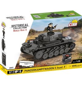 COBI-Box mit Panzerkampfwagen II Ausf. F Bausatz (1:28) aus dem 2. Weltkrieg, mit Figur auf dem Panzer.