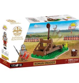 COBI-Set Römischer Onager mit 173 Teilen, abgebildet sind eine Katapult-Spielzeugfigur und ein römischer Soldat.
