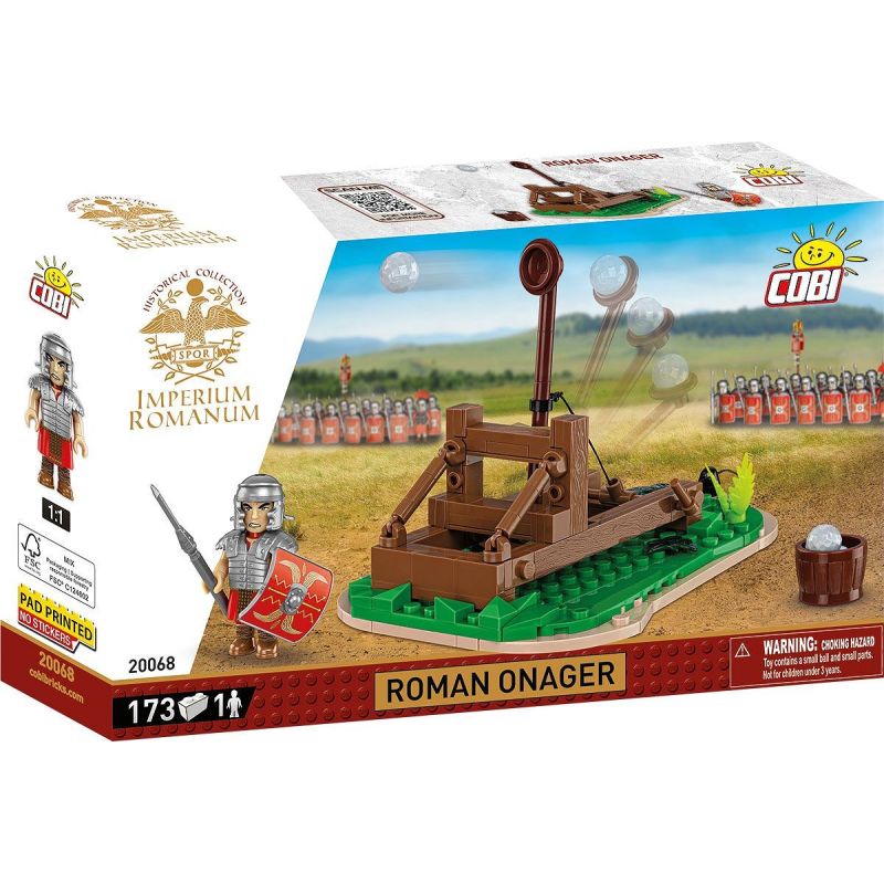 COBI-Set Römischer Onager mit 173 Teilen, abgebildet sind eine Katapult-Spielzeugfigur und ein römischer Soldat.