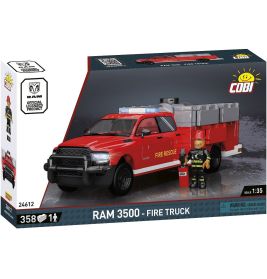 COBI RAM 3500 Feuerwehr-Bauset mit rotem Feuerwehrauto und Feuerwehrmann auf der Verpackung.