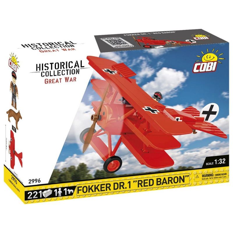 COBI Fokker Dr.1 Red Baron Modellbausatz mit rotem Dreidecker aus dem Ersten Weltkrieg auf der Verpackung.