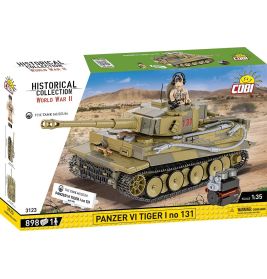 COBI Bausatz Panzer VI Tiger I Nr. 131, mit Panzer und Minifigur vor Wüstenkulisse auf der Verpackung.
