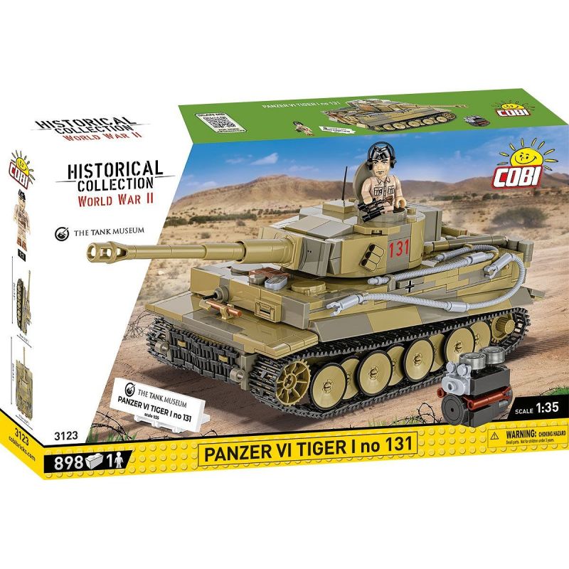 COBI Bausatz Panzer VI Tiger I Nr. 131, mit Panzer und Minifigur vor Wüstenkulisse auf der Verpackung.