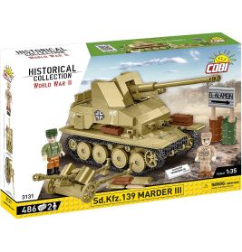 COBI WWII Marder III Set: Schachtel mit Panzer-Modell, zwei Figuren und Zubehör für eine Wüstenszene.