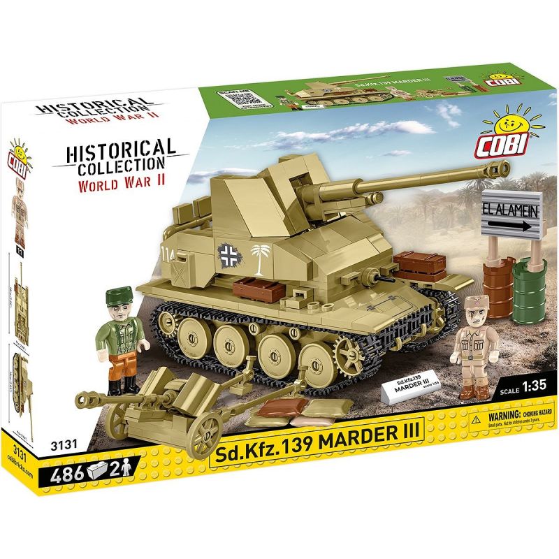 COBI WWII Marder III Set: Schachtel mit Panzer-Modell, zwei Figuren und Zubehör für eine Wüstenszene. COBI WWII Marder III Set: Schachtel mit Panzer-Modell, zwei Figuren und Zubehör für eine Wüstenszene.