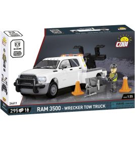 Spielset-Box: RAM 3500 Abschleppwagen mit Pylonen, Werkzeug und Arbeiterfigur von COBI.
