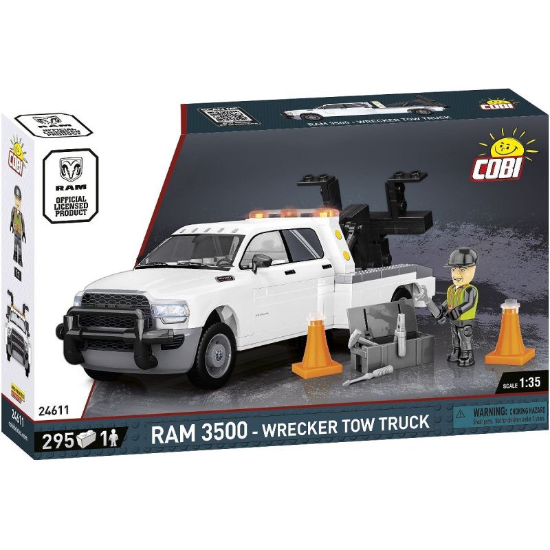 Spielset-Box: RAM 3500 Abschleppwagen mit Pylonen, Werkzeug und Arbeiterfigur von COBI. Spielset-Box: RAM 3500 Abschleppwagen mit Pylonen, Werkzeug und Arbeiterfigur von COBI.