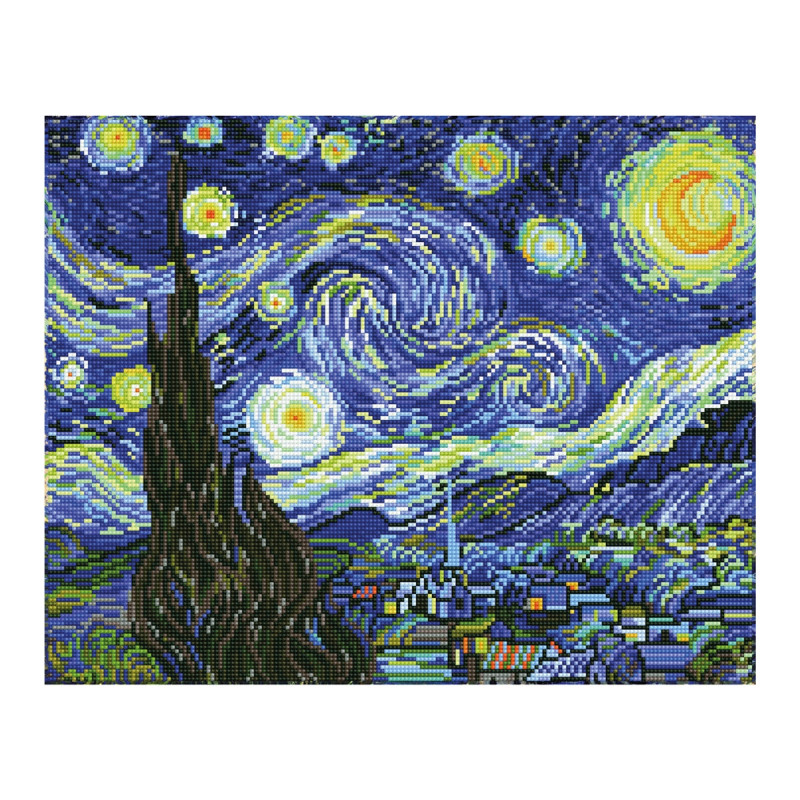 Pixelige Version von Van Goghs Sternennacht mit wirbelnden Sternen und einem Dorf unter dunklem Himmel.