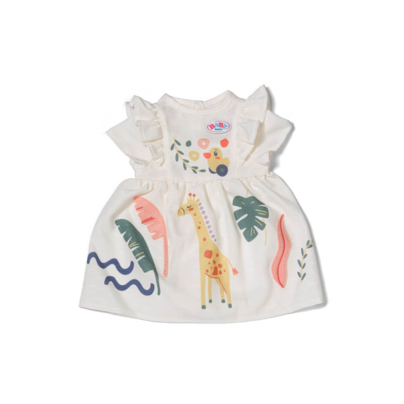 Weißes Babykleid mit buntem Giraffen-, Blätter- und Formenprint auf weißem Hintergrund. Weißes Babykleid mit buntem Giraffen-, Blätter- und Formenprint auf weißem Hintergrund.