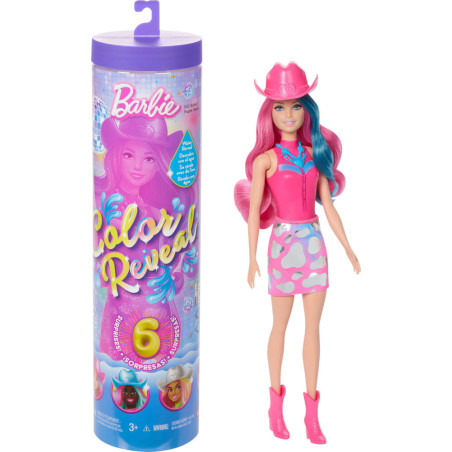 Barbie Color Reveal Puppe mit pink-blauem Haar, pinkem Cowboyhut und Rock mit buntem Herzmuster.