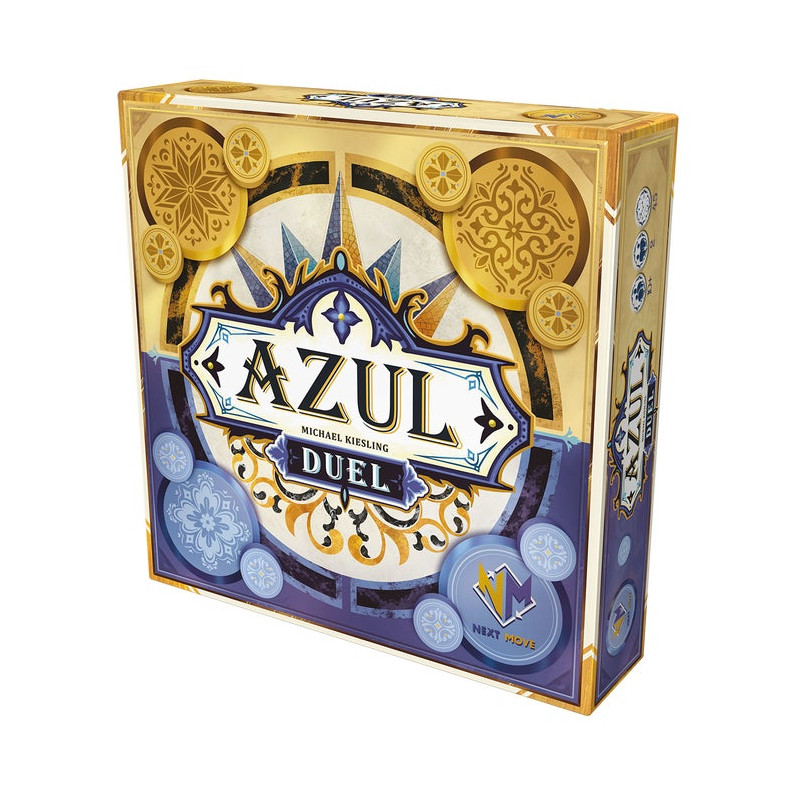 Azul: Duel, Brettspiel-Box mit aufwendigen blau-goldenen Fliesenmustern und dekorativen Akzenten.