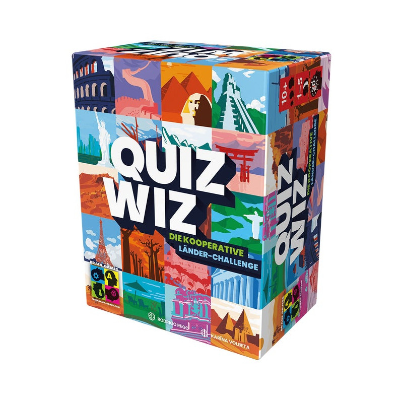 Bunte Quiz Wiz Box mit Weltwahrzeichen und deutscher Aufschrift auf der Vorderseite.