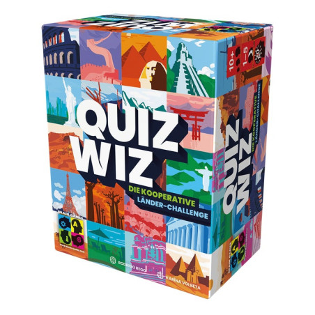 Bunte Quiz Wiz Box mit Weltwahrzeichen und deutscher Aufschrift auf der Vorderseite.