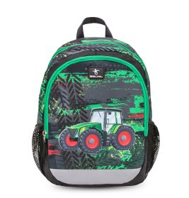 Kinder-Rucksack in Schwarz-Grün mit Traktormotiv und seitlichen Mesh-Taschen.
