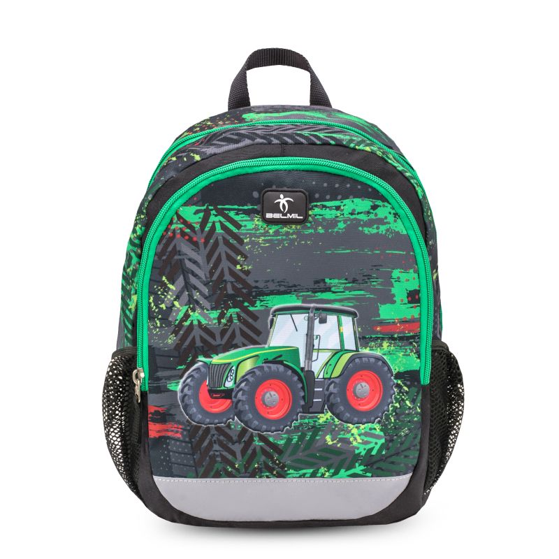 Kinder-Rucksack in Schwarz-Grün mit Traktormotiv und seitlichen Mesh-Taschen. Kinder-Rucksack in Schwarz-Grün mit Traktormotiv und seitlichen Mesh-Taschen.