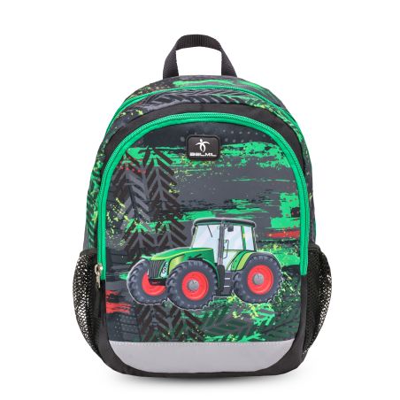Kinder-Rucksack in Schwarz-Grün mit Traktormotiv und seitlichen Mesh-Taschen.