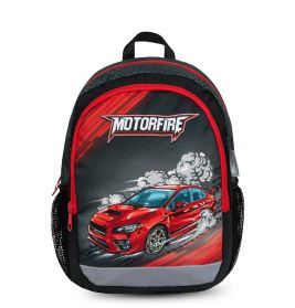 Schwarzer und roter Rucksack mit Rennwagen-Motiv und dem Schriftzug Motorfire auf der Vorderseite.