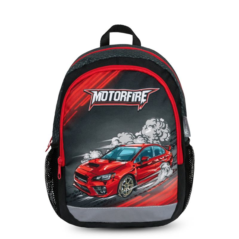 Schwarzer und roter Rucksack mit Rennwagen-Motiv und dem Schriftzug Motorfire auf der Vorderseite. Schwarzer und roter Rucksack mit Rennwagen-Motiv und dem Schriftzug Motorfire auf der Vorderseite.