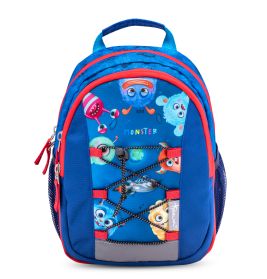 Blauer und roter Kinderrucksack mit bunten Monster-Gesichtern und schwarzer Kordel auf der Vorderseite.